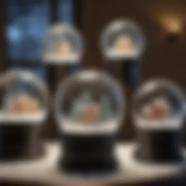 An artistic display of finished lighted snow globes with various themes.