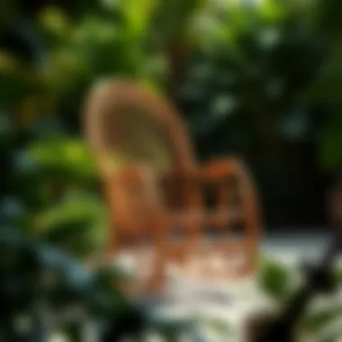 Bamboo Rocking Chair Harmonized with Nature Outdoor setting featuring a bamboo rocking chair surrounded by lush greenery