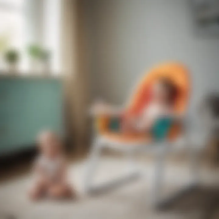 Colorful baby feeding chair in a playful setting