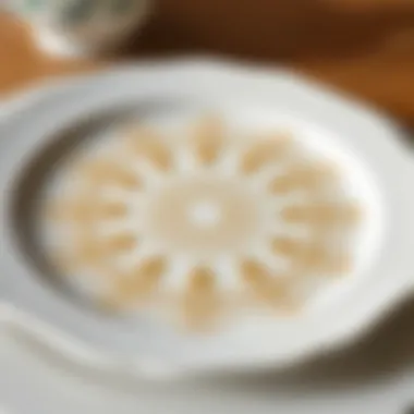 Close-up of intricate design details on a white breakfast plate