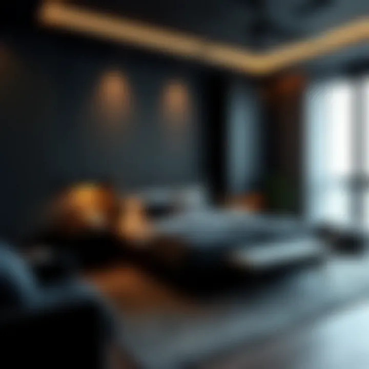 Cozy matte black bedroom showcasing functional design