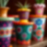 Colorful plastic pots adorned with vibrant patterns