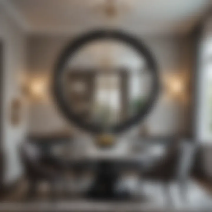 Dramatic round mirror as a centerpiece in a dining area