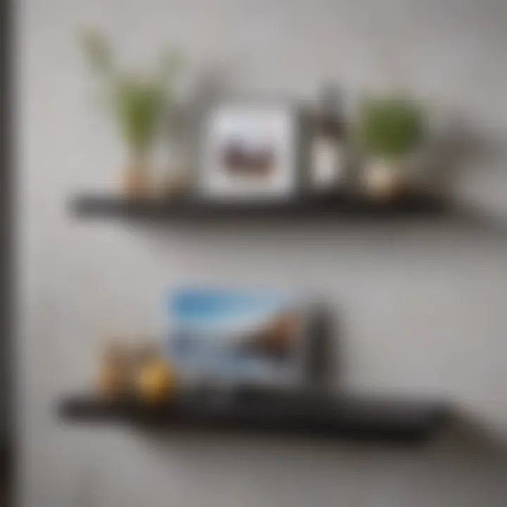 Close-up of wall-mounted shelf with decorative items