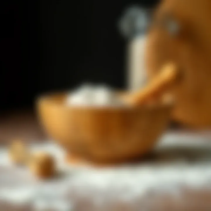 Wooden dough kneading bowl with flour scattered around