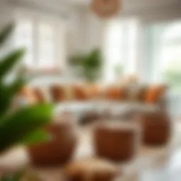 A beautifully arranged living room featuring wicker baskets as decorative elements.