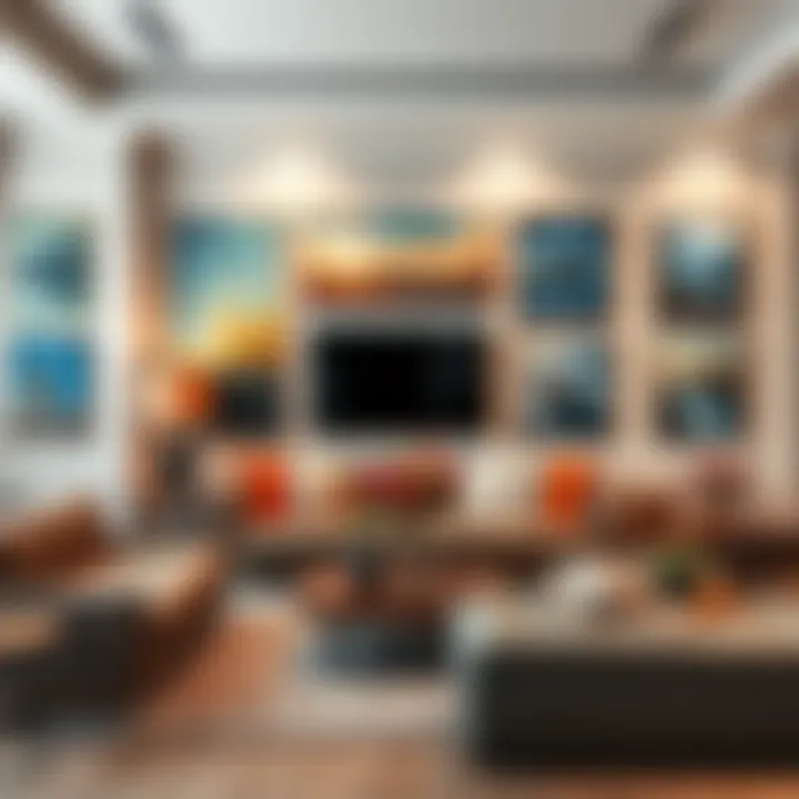An elegant living room showcasing various styles of canvas wall paintings