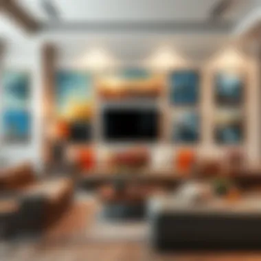 Showcase of Canvas Paintings in a Living Room An elegant living room showcasing various styles of canvas wall paintings