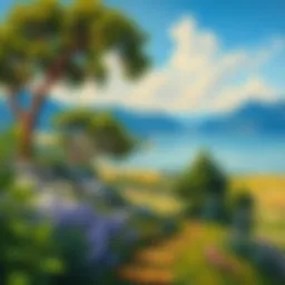 A vibrant oil painting depicting a serene landscape.