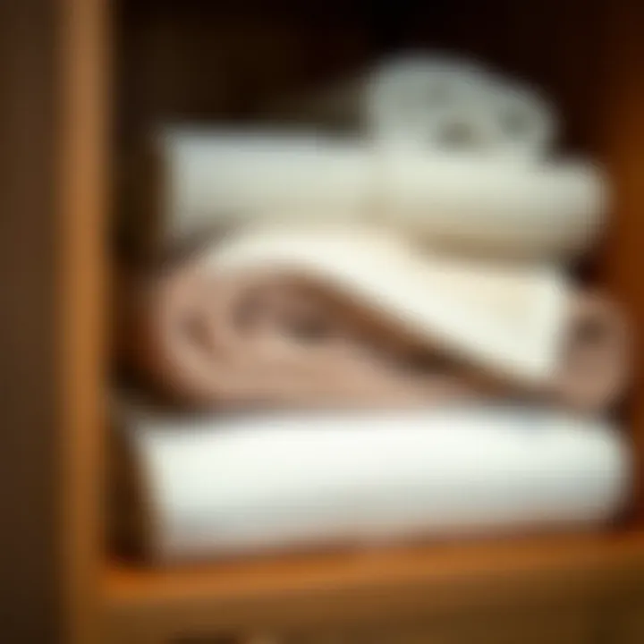 A close-up view of towels neatly folded and arranged in a cabinet.