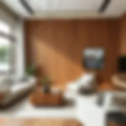 Elegant modern living room featuring venge wood elements