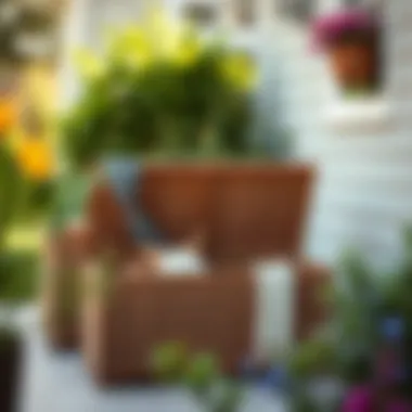 Cozy garden scene featuring a wicker storage box
