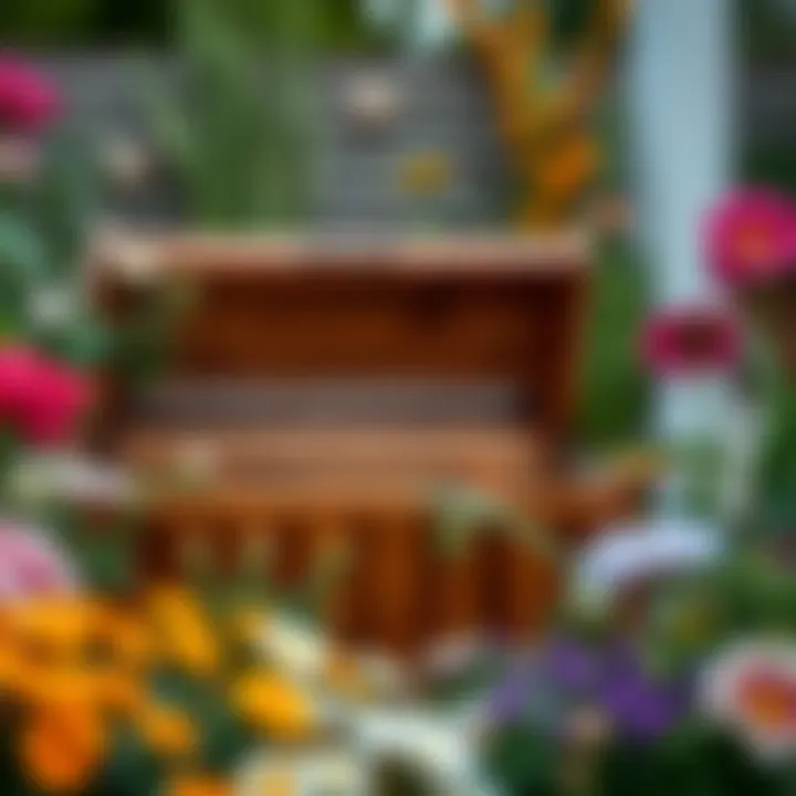 Durable wooden garden chest surrounded by flowers