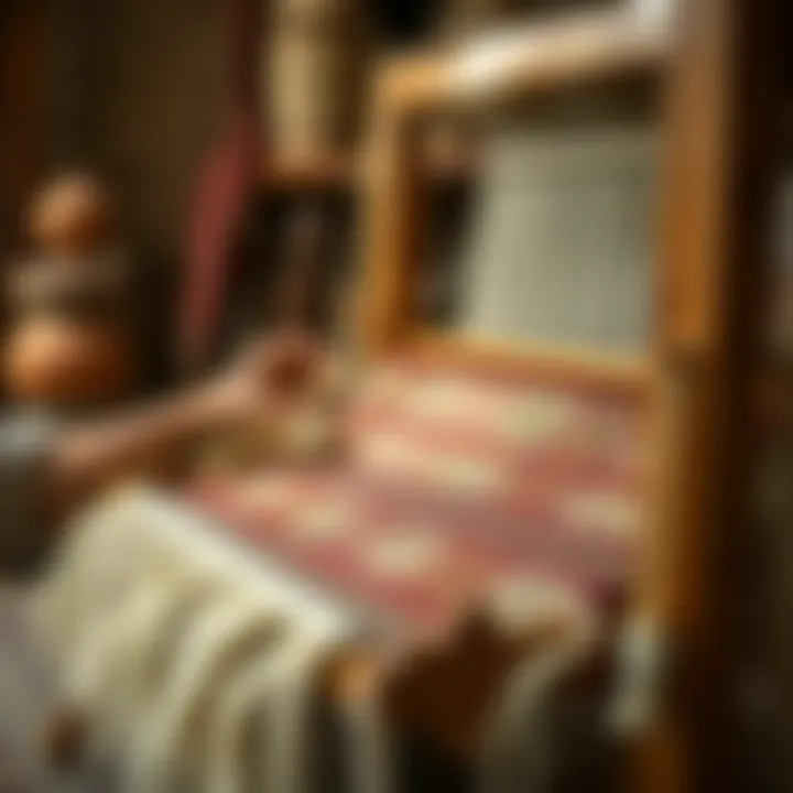 An artisan weaving a wool rug on a traditional loom