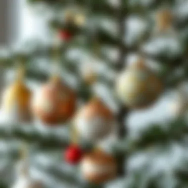 Close-up of unique ornaments on a beautifully decorated tree