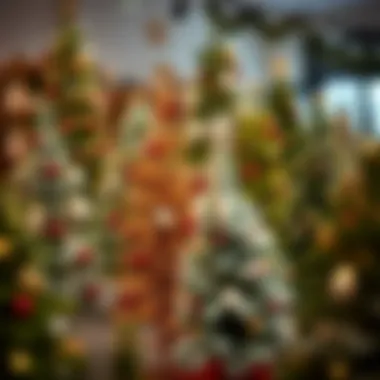 A variety of Christmas trees displayed in a festive setting